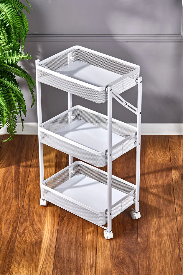 Cornella 3 Katlı Katlanır Beyaz Renk Metal Çok Amaçlı Organizer Tekerlekli Düzenleyici Dikdörtgen Sepet